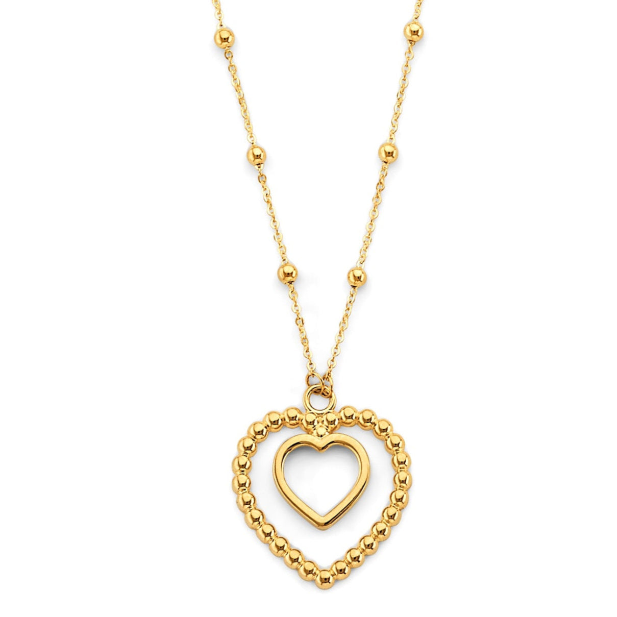 14KY 2 Heart Pendants Bead Necklace