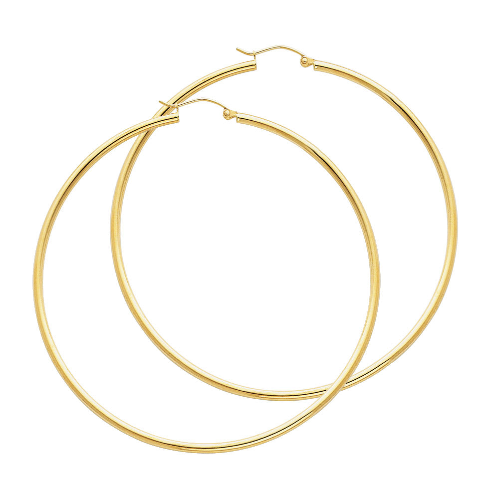 14KY 2mm Round Tube Polished Hoop Earrings (65mm)