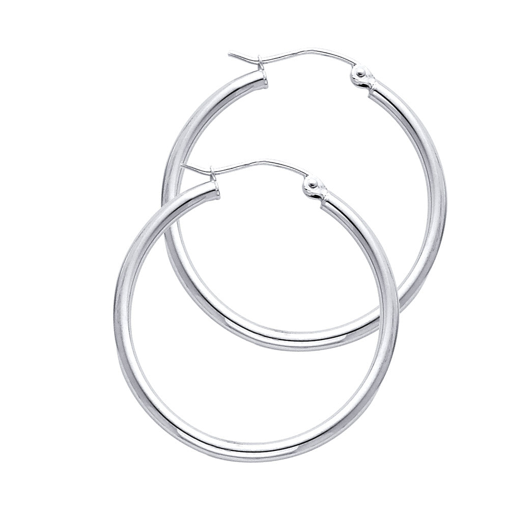 14KW 2mm Round Tube Polished Hoop Earrings (30mm)