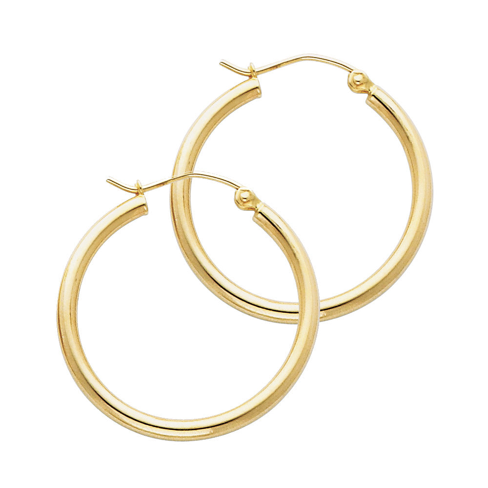 14KY 2mm Round Tube Polished Hoop Earrings (25mm)