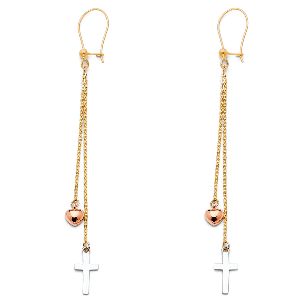 14K 3C Cross+Heart Hanging Earrings