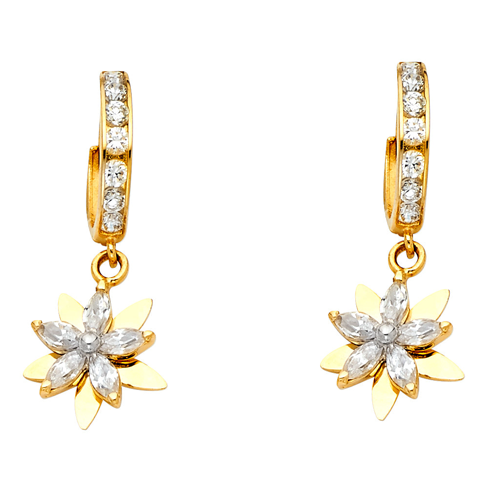 14KY CZ Dangle Flower Huggies Earrings