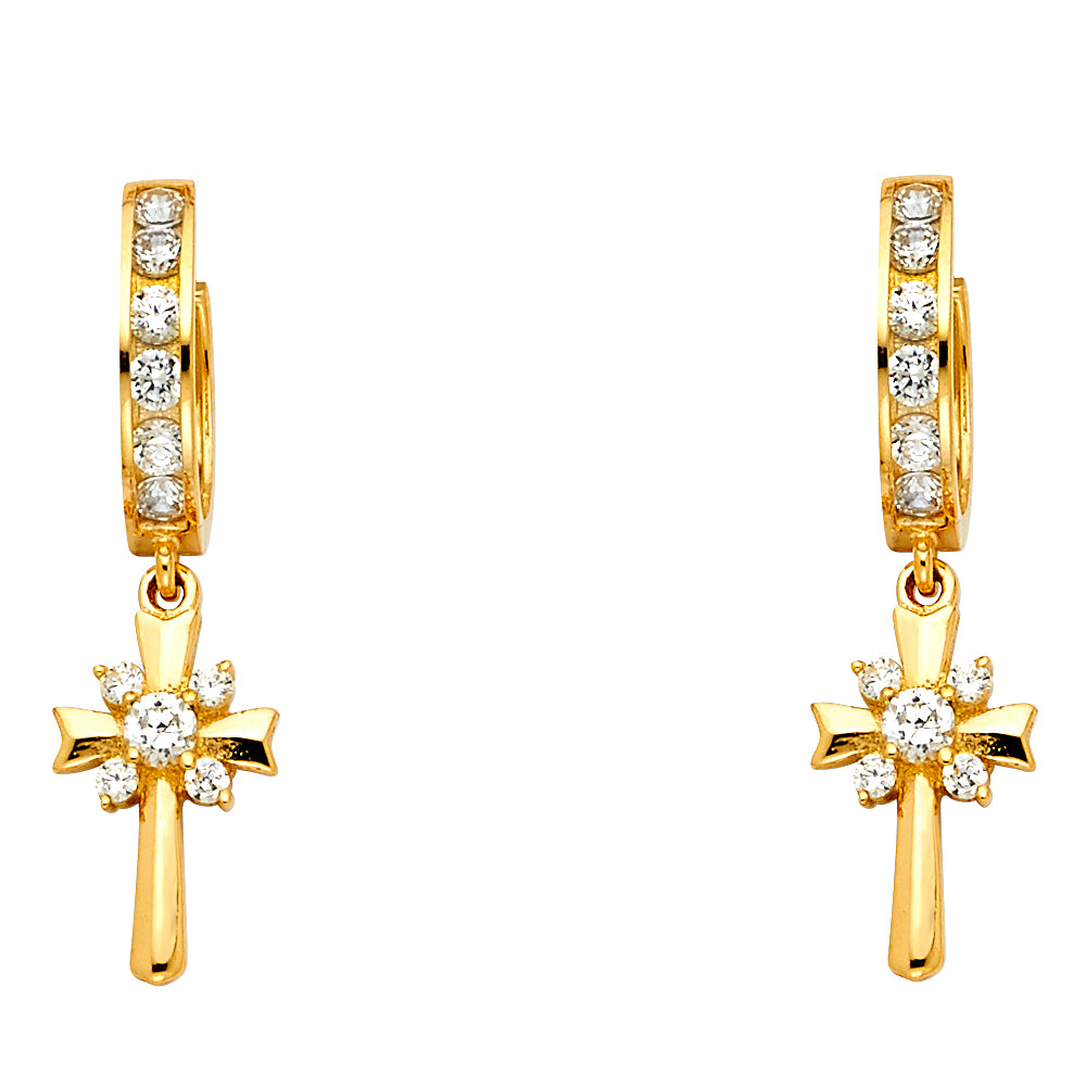 14KY CZ Dangle Cross Huggies Earrings