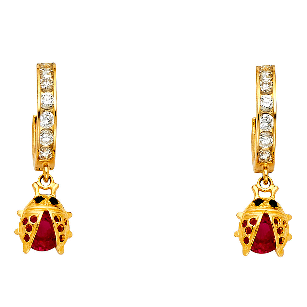 14KY CZ Dangle Ladybug Huggies Earrings
