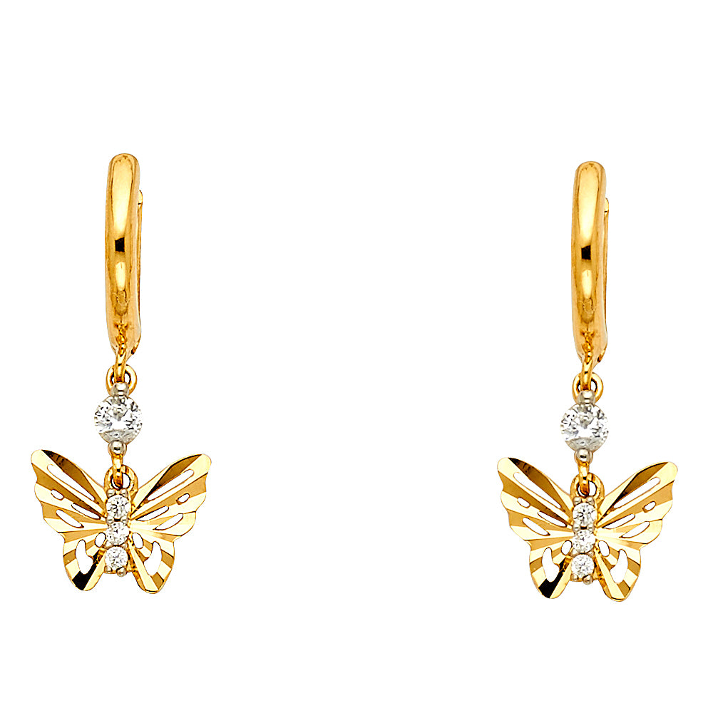 14KY CZ Dangle Butterfly Huggies Earrings