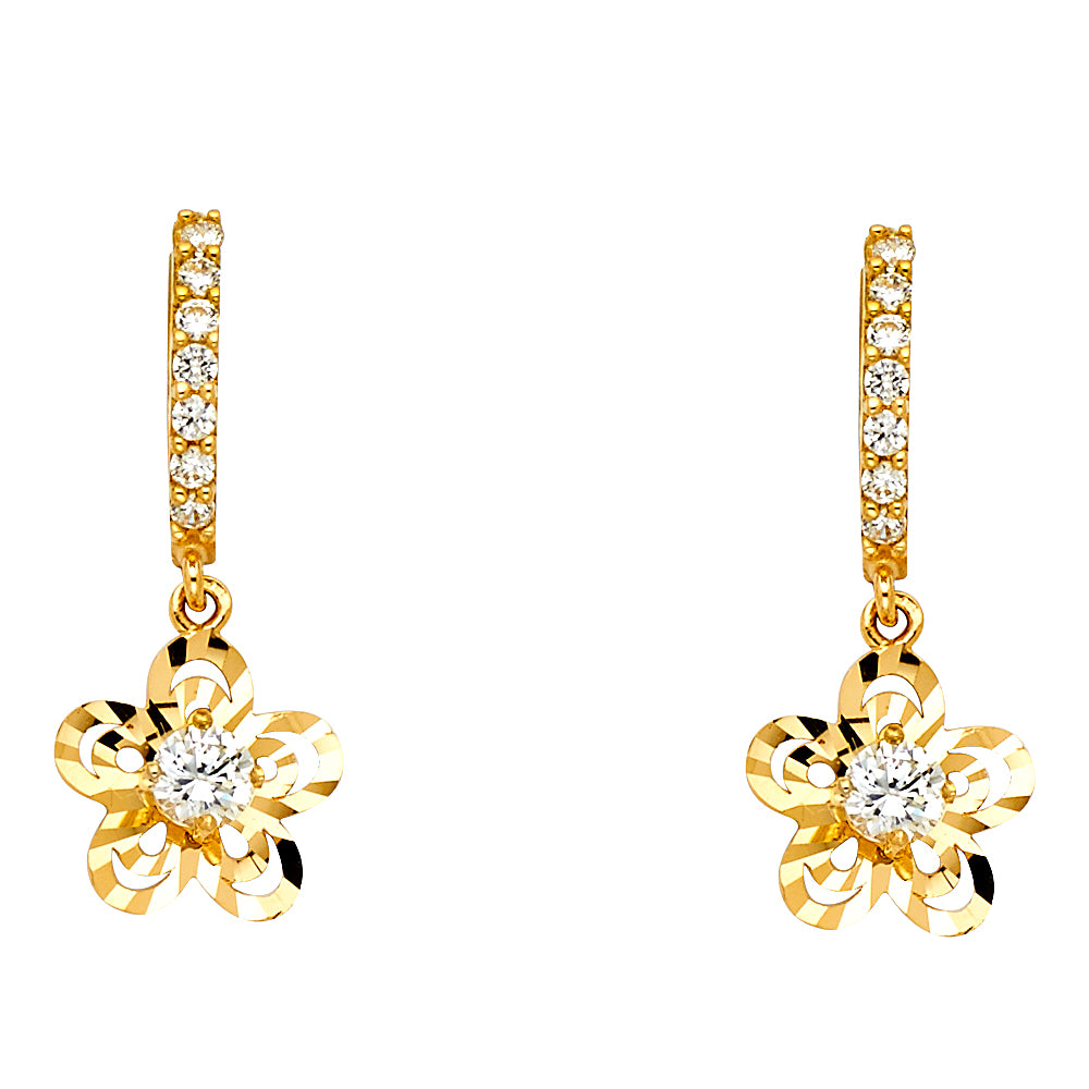 14KY CZ Dangle Flower Huggies Earrings
