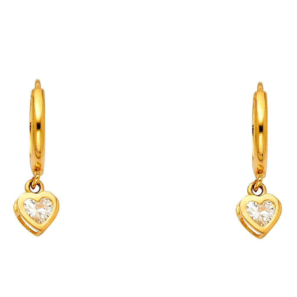 14KY CZ Dangle Heart Huggies Earrings