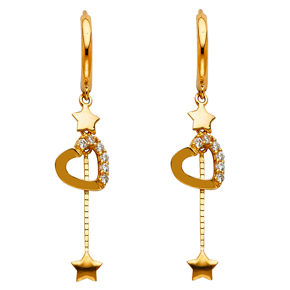 14KY CZ Dangle Heart Huggies Earrings
