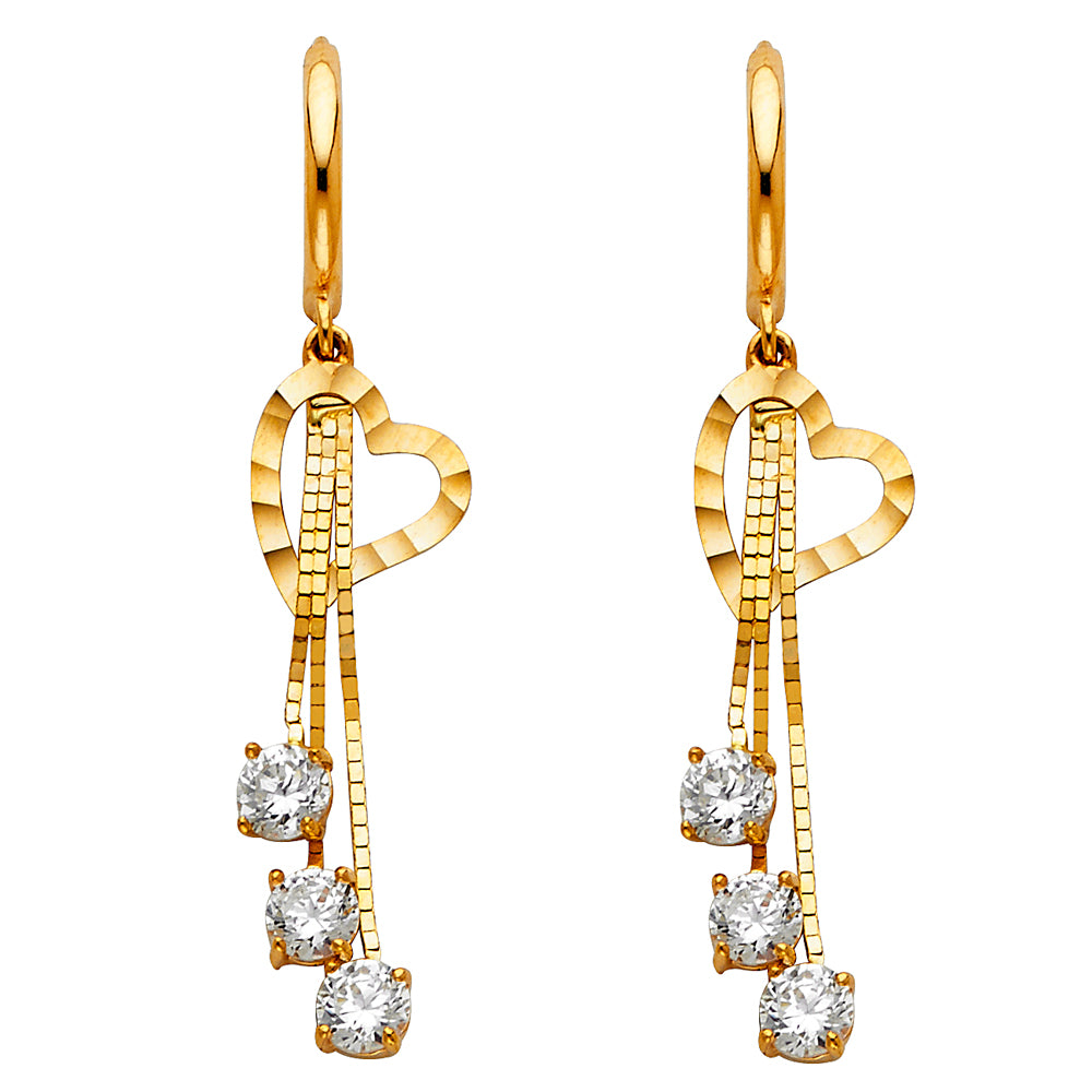 14KY CZ Dangle Heart Huggies Earrings