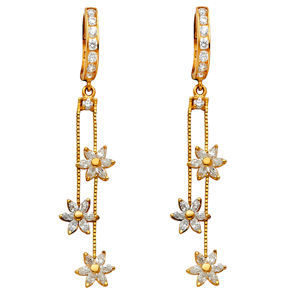 14KY CZ Dangle Flower Huggies Earrings