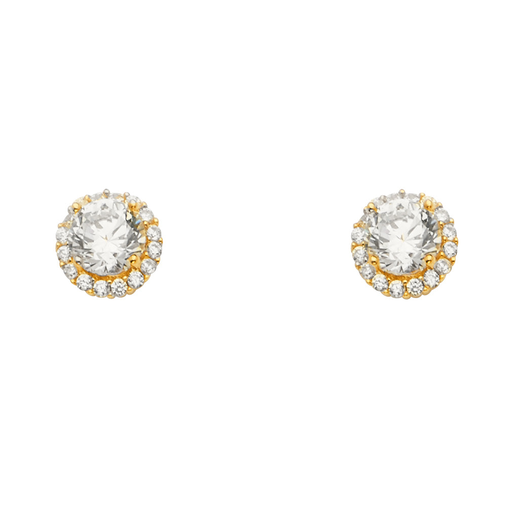 14KY Solitaire Halo Round CZ Earrings with Push-Back