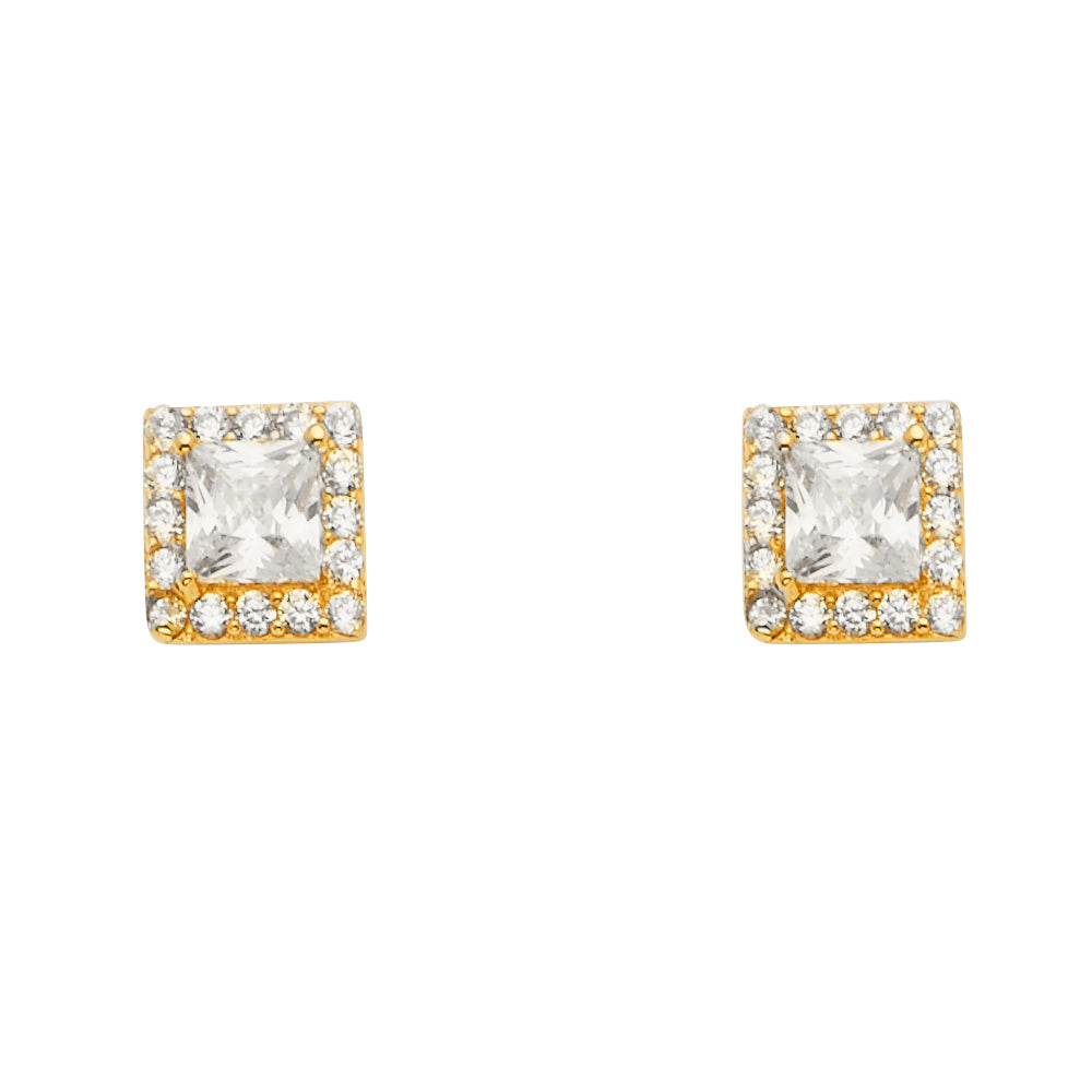 14KY Solitaire Halo Square CZ Earrings with Push-Back