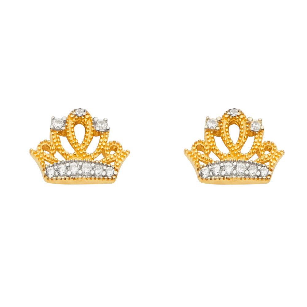 14K 2T CZ Crown Earrings with Push Back