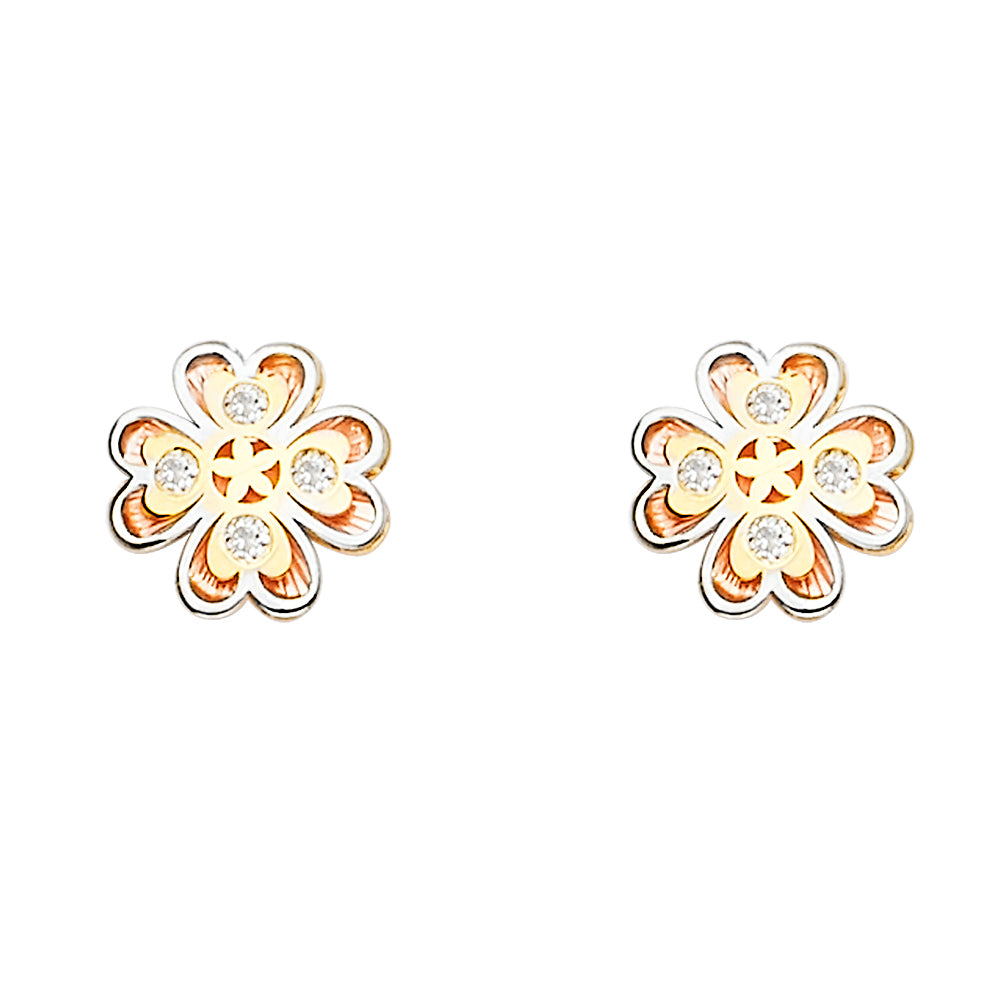 14K 3C CZ Flower Post Earrings
