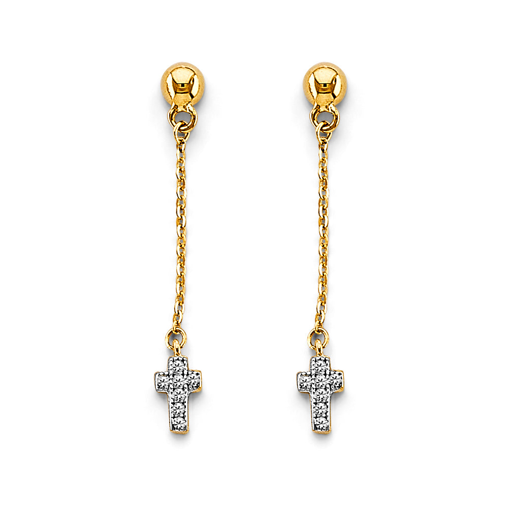 14K 2T Hanging Cross Earrings