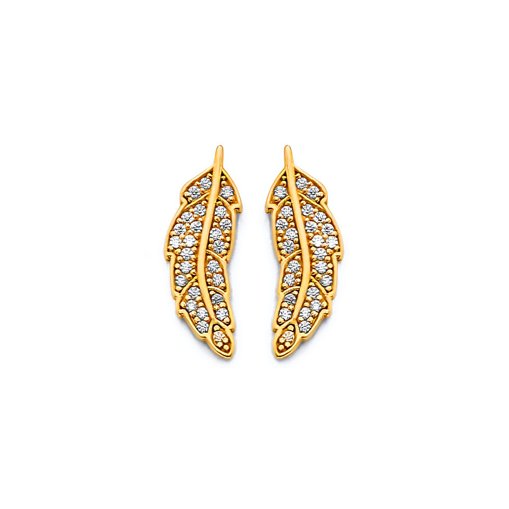 14KY CZ Feather Push-Back Earrings