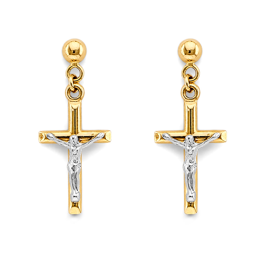 14K 2T Crucifix Hanging Push-Back Earrings