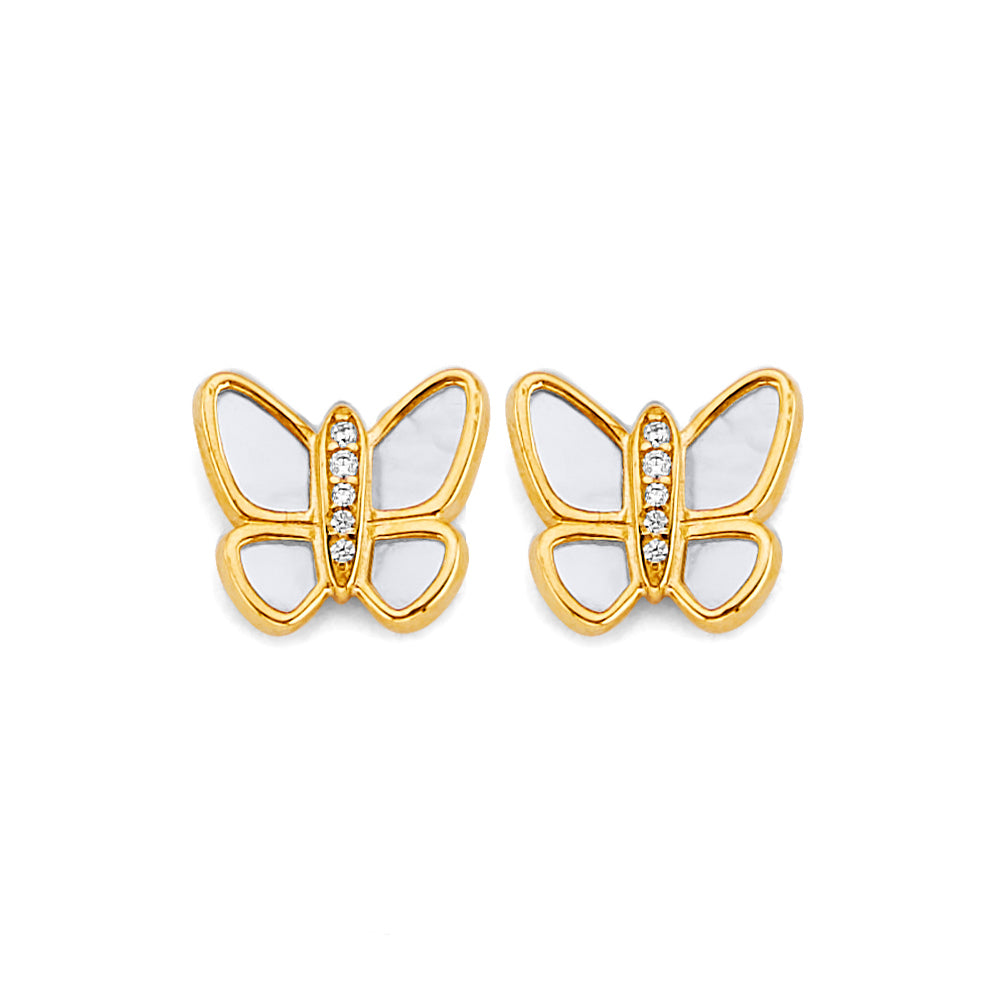 14KY Mother of Pearl CZ Butterfly Earrings