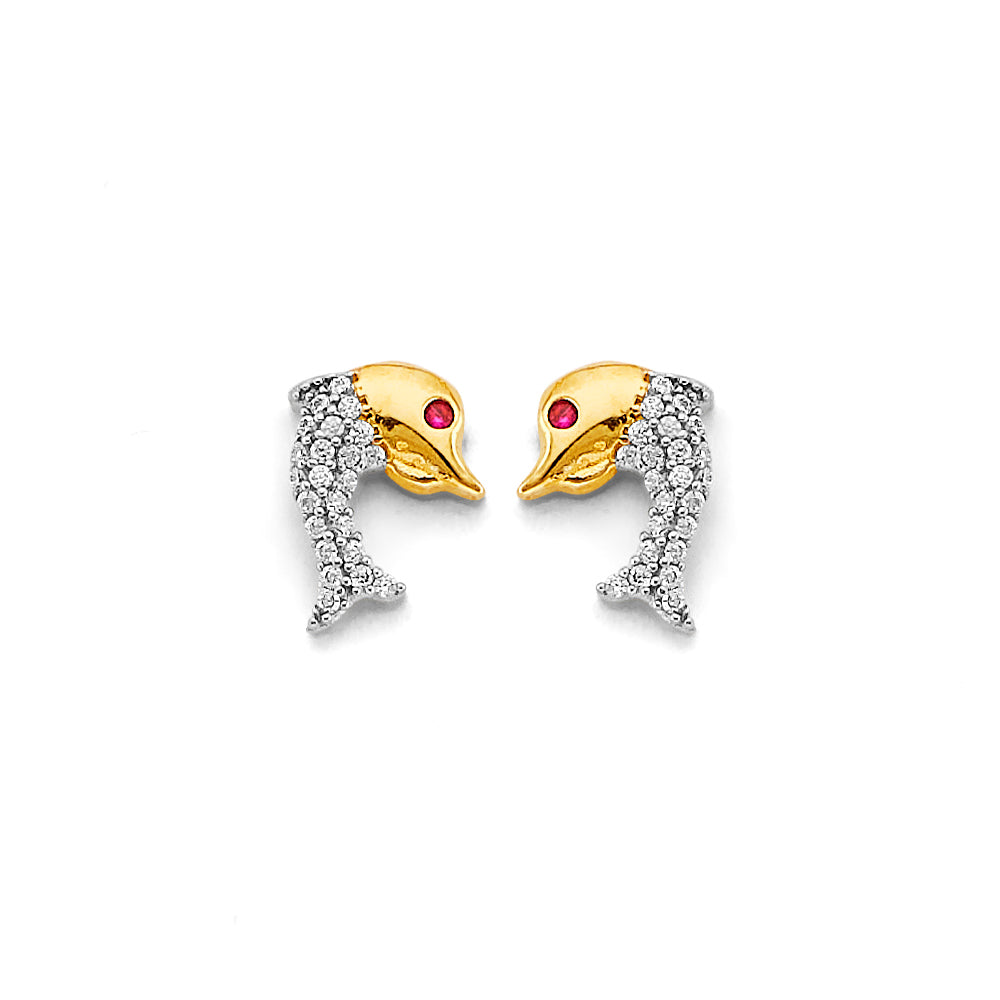 14K 2T CZ Dolphin Push-Back Earrings