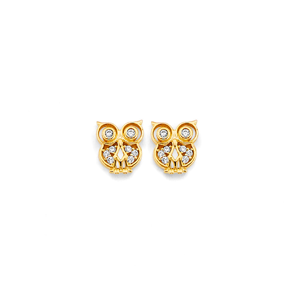 14KY CZ Owl Push Back Earrings