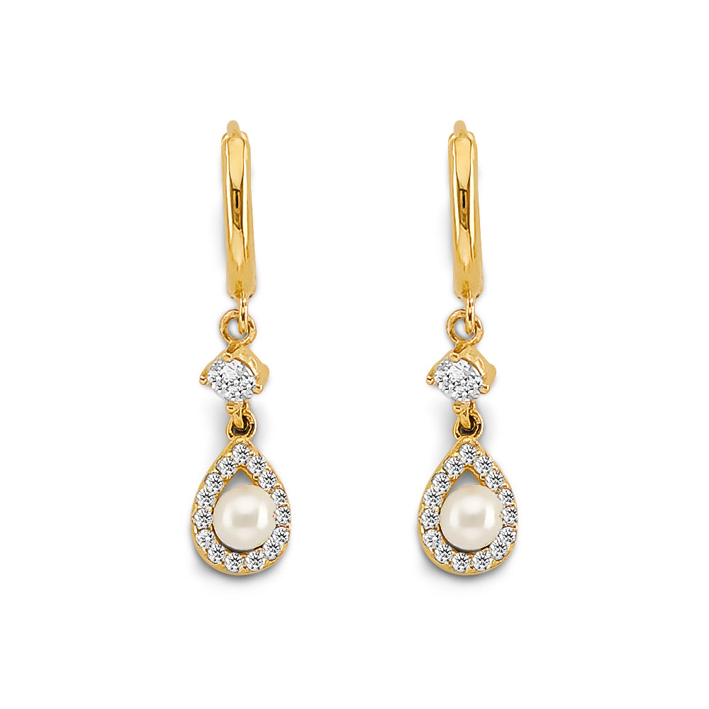 14KY CZ Pearl Hanging Huggies Earrings
