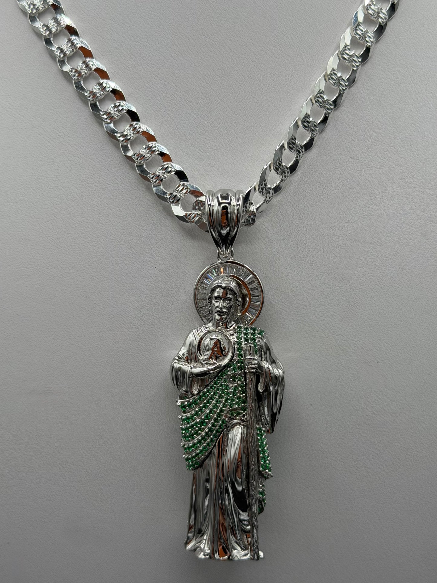 Saint Judas Pendant and Bevelled Curb Diamond Cut 24" Chain Sterling Silver Set