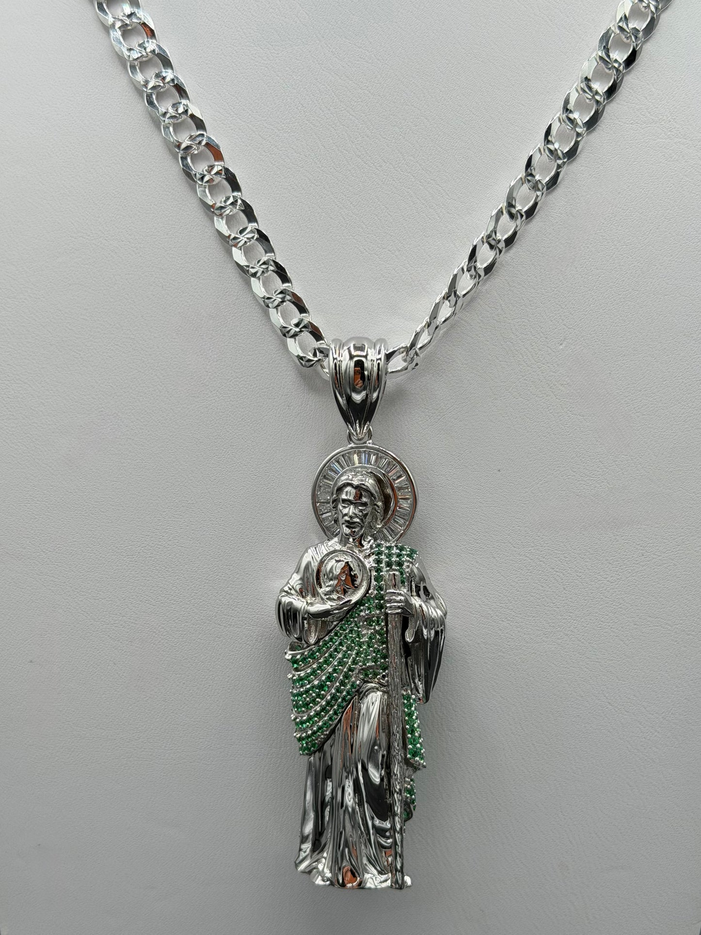 Saint Judas Pendant and Bevelled Curb Diamond Cut 24" Chain Sterling Silver Set