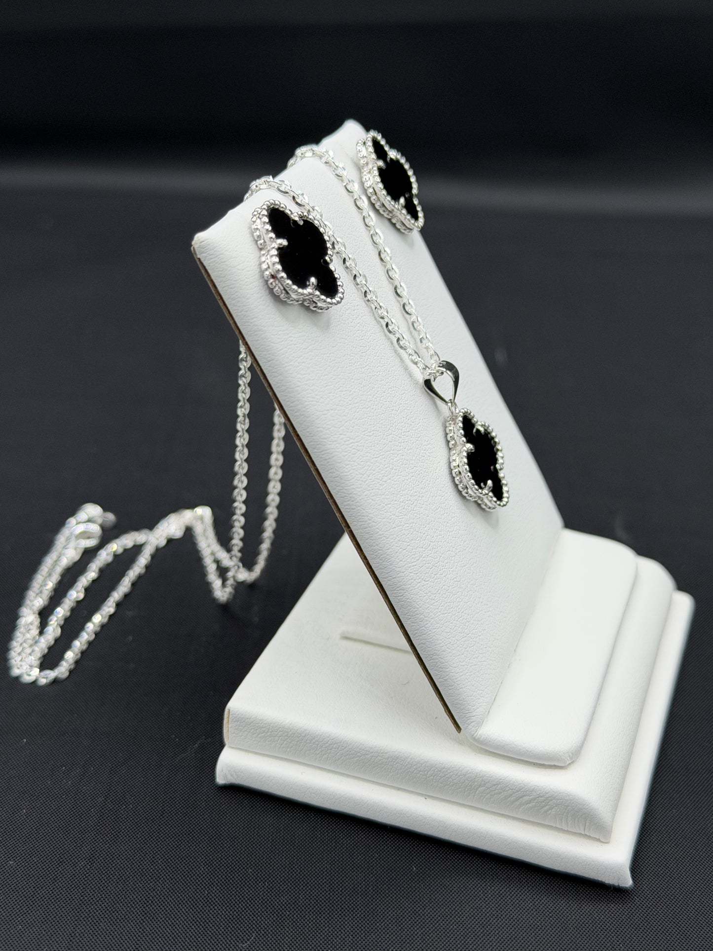 Black Clover Earrings with Push Back, Pendant, and 20" Rolo Chain Sterling Silver Set