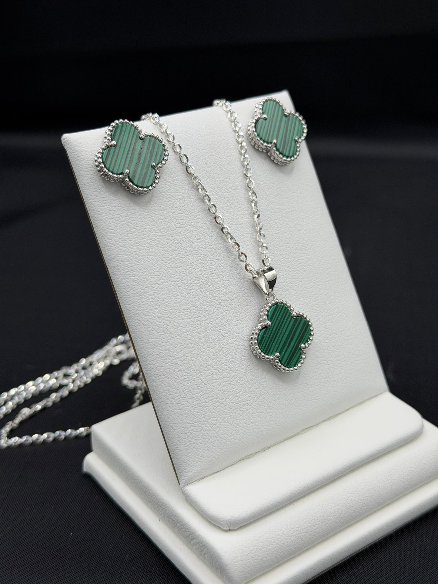 Green Striped Clover Earrings with Push Back, Pendant, and 20" Rolo Chain Sterling Silver Set