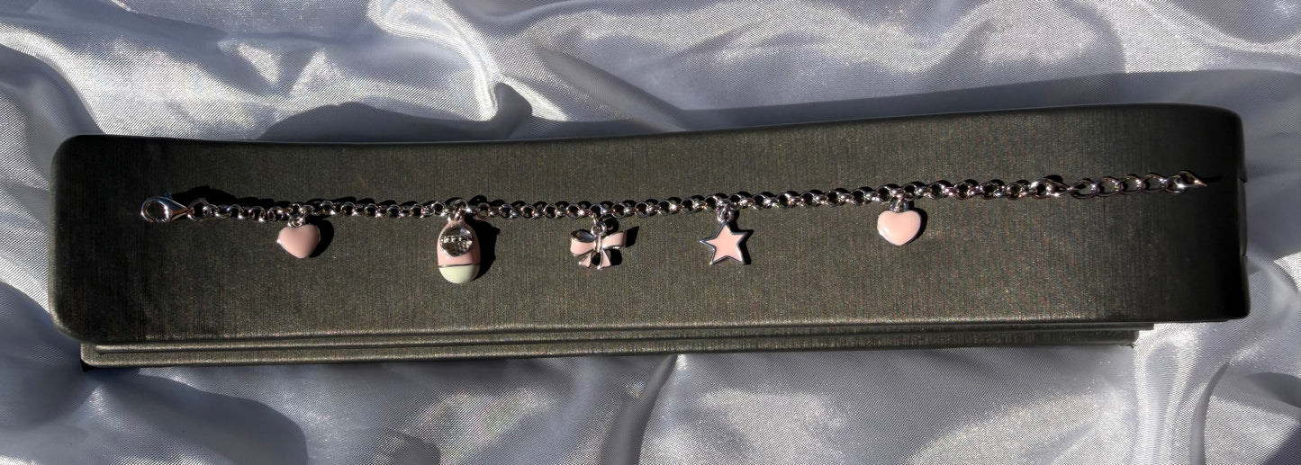 Pink Heart, Shoe, Bow, Star Sterling Silver Adjustable Bracelet