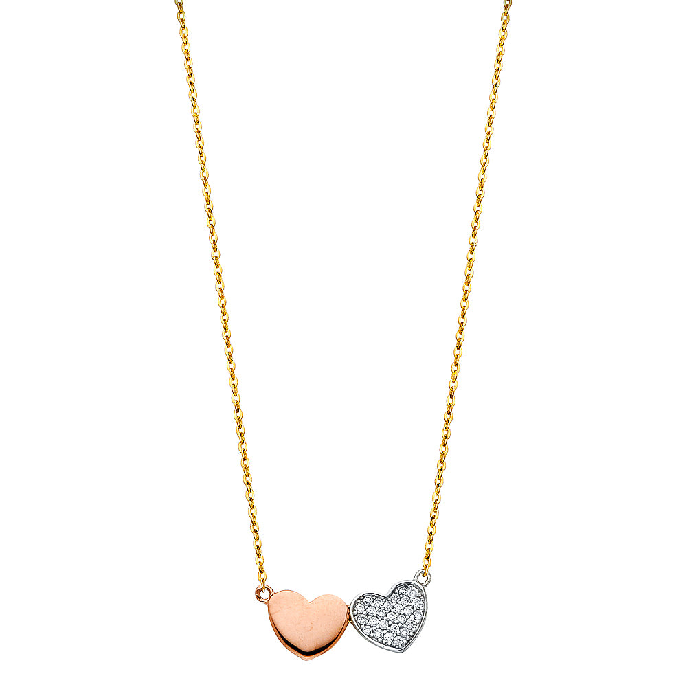 14K 3C Two Heart CZ Necklace