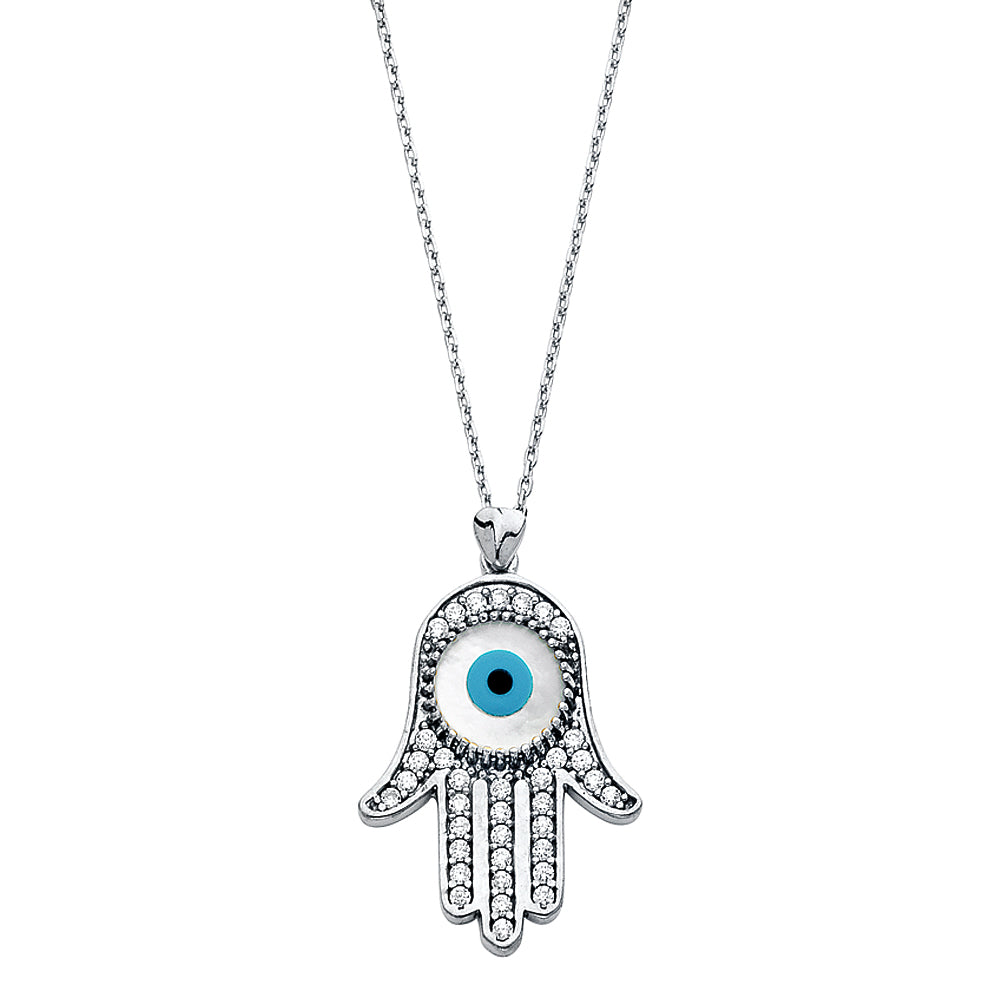 14KW CZ Evil Eye Hamsa Necklace