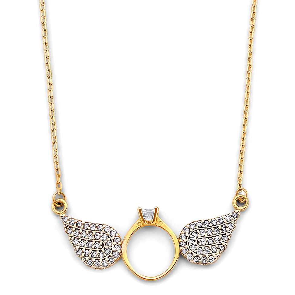 14K 2T Double Angel CZ Wing Necklace