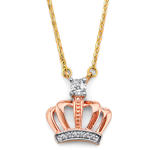 14K 3C CZ Pink Crown Necklace