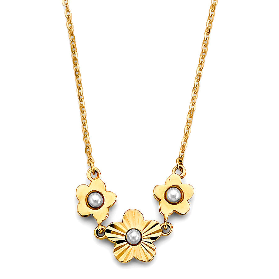 14KY 3 Flowers with Pearl Necklace