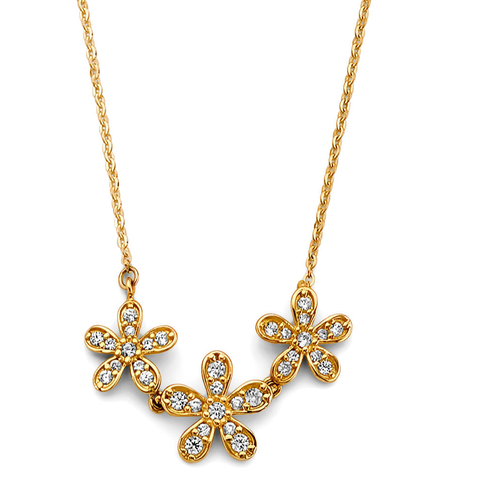 14KY 3 CZ Flowers Necklace