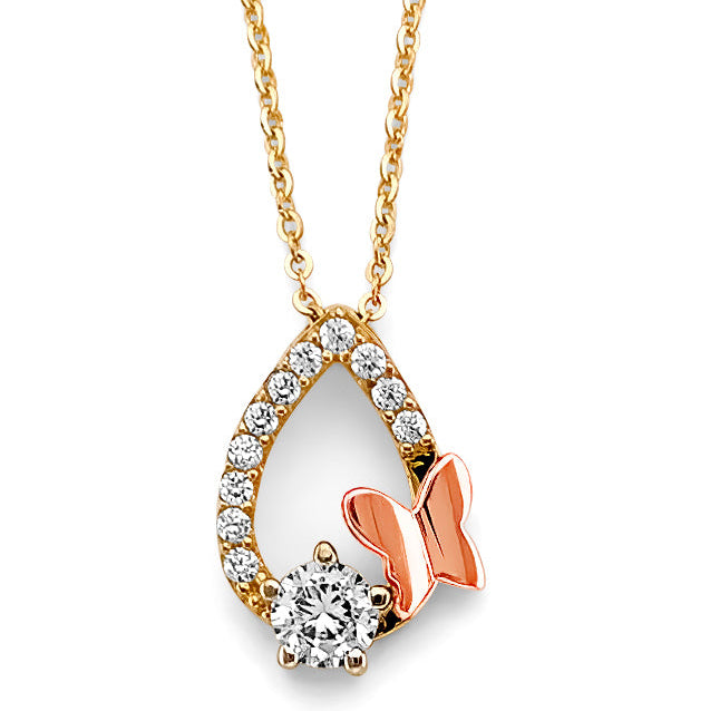 14K 2T CZ Tear Drop with Butterfly Necklace