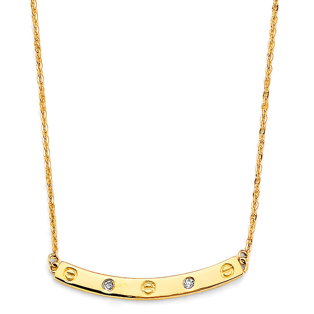 14KY Curved Bar with CZ & Screw Necklace