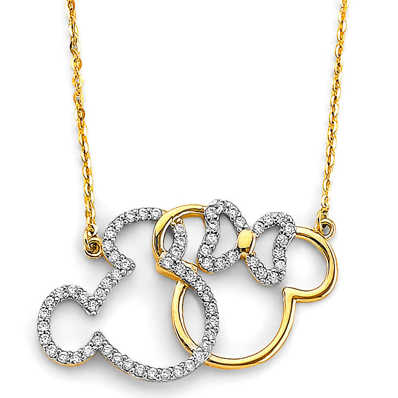 14KY CZ Two Cartoon Mice Necklace