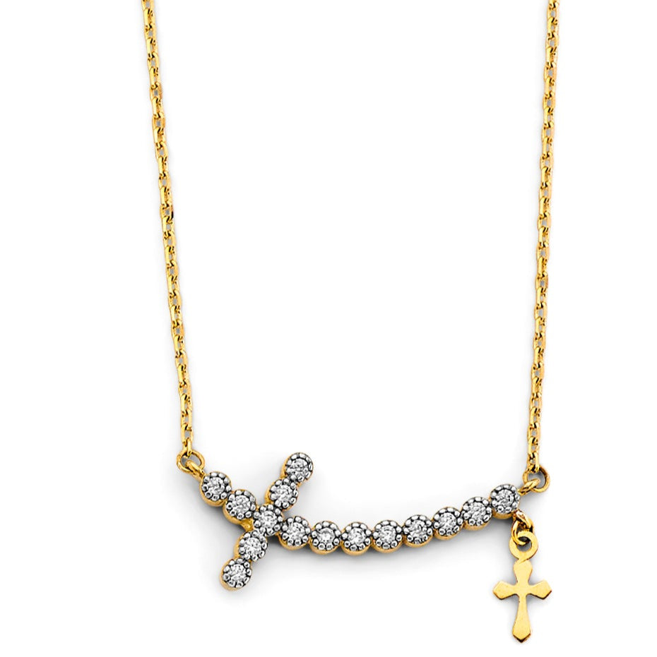 14K 2T Double Cross CZ Necklace