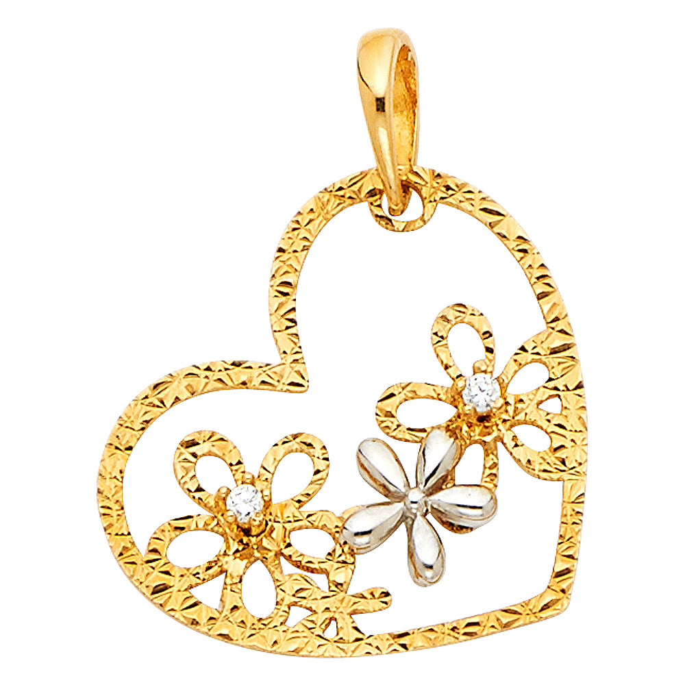 14K 2T Heart and Flower Pendant