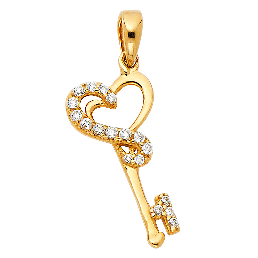 14KY CZ Heart Design Key Pendant