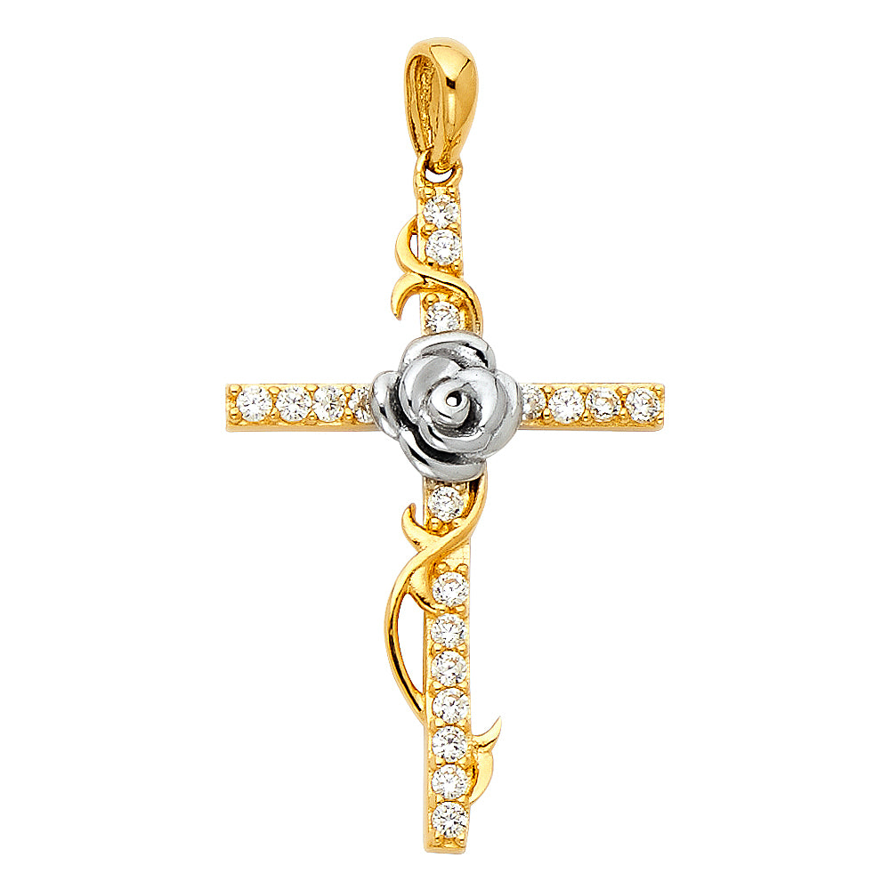 14K 2T CZ Cross with Rose Pendant