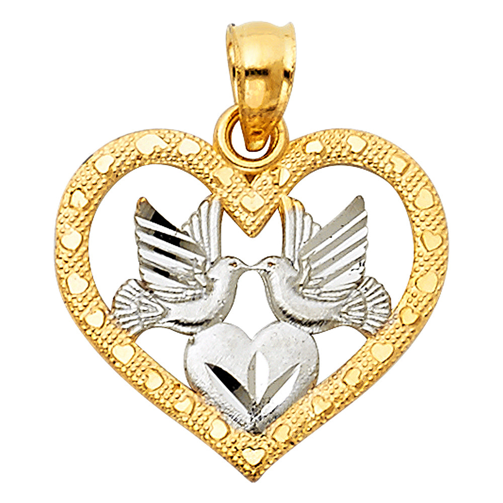 14K 2T Religious Birds and Hearts Pendant