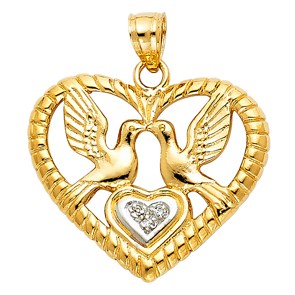 14K 2T Religious Birds and Hearts Pendant