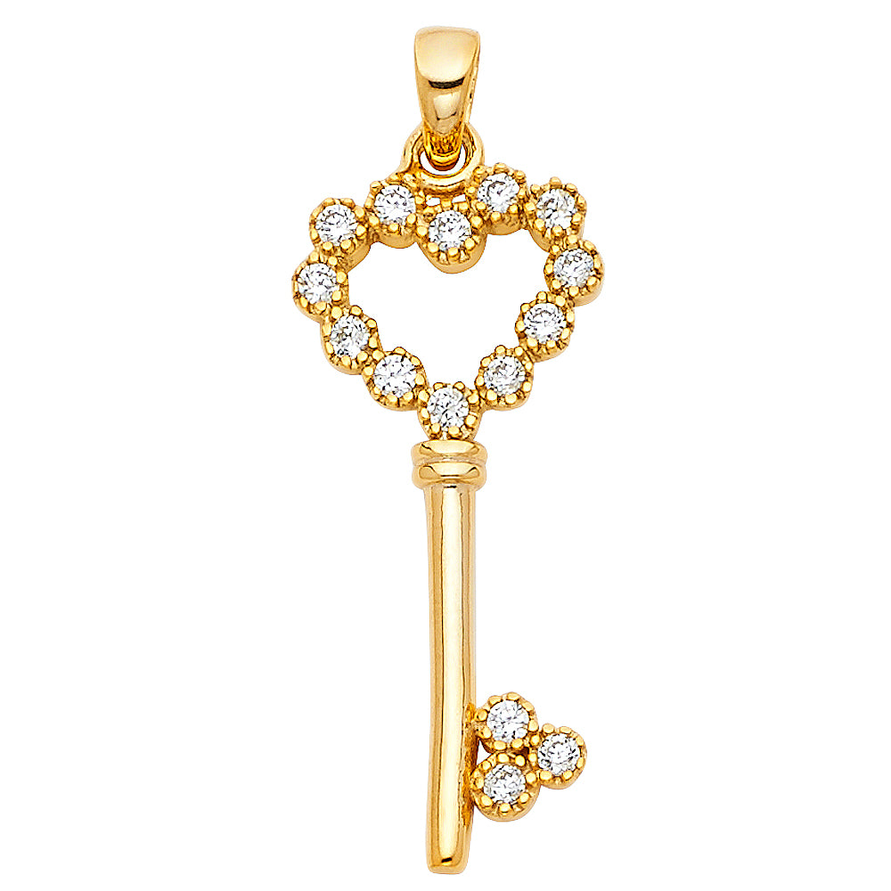 14KY CZ Heart Design Key Pendant