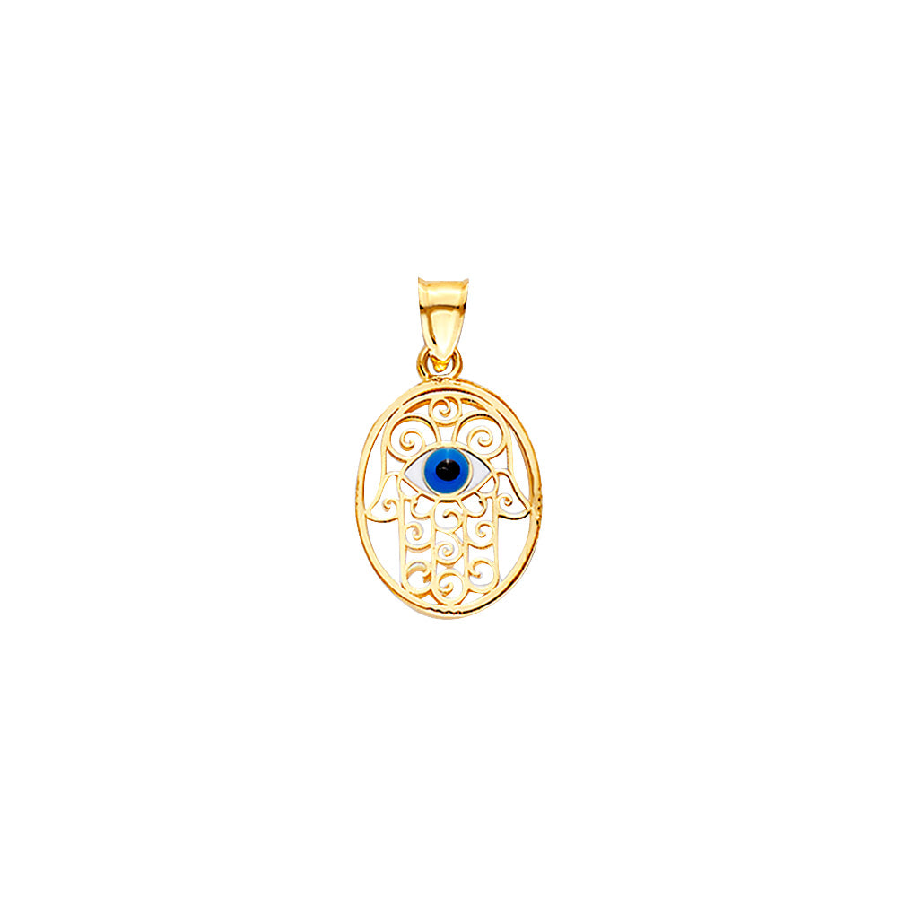 14KY Evil Eye Hamsa Oval Medal On Mother of Pearl