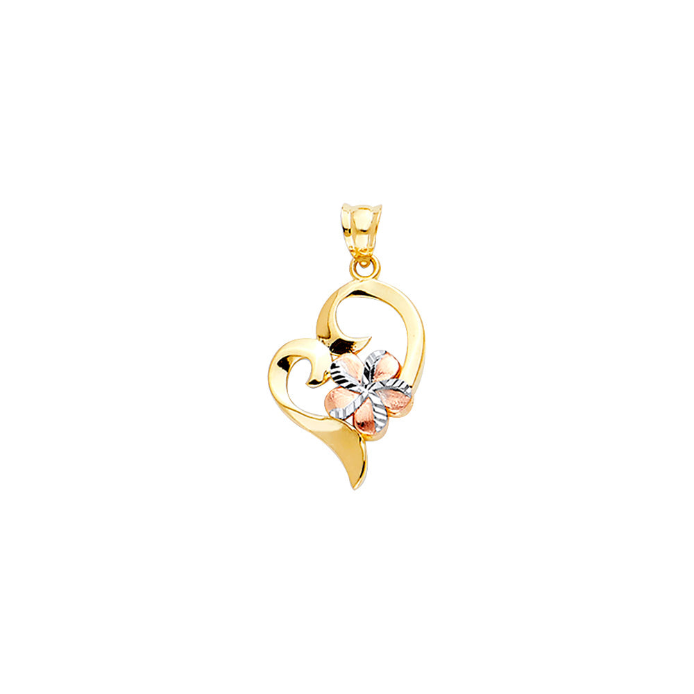 14K 3C Heart Pendant with Hawaiian Flower