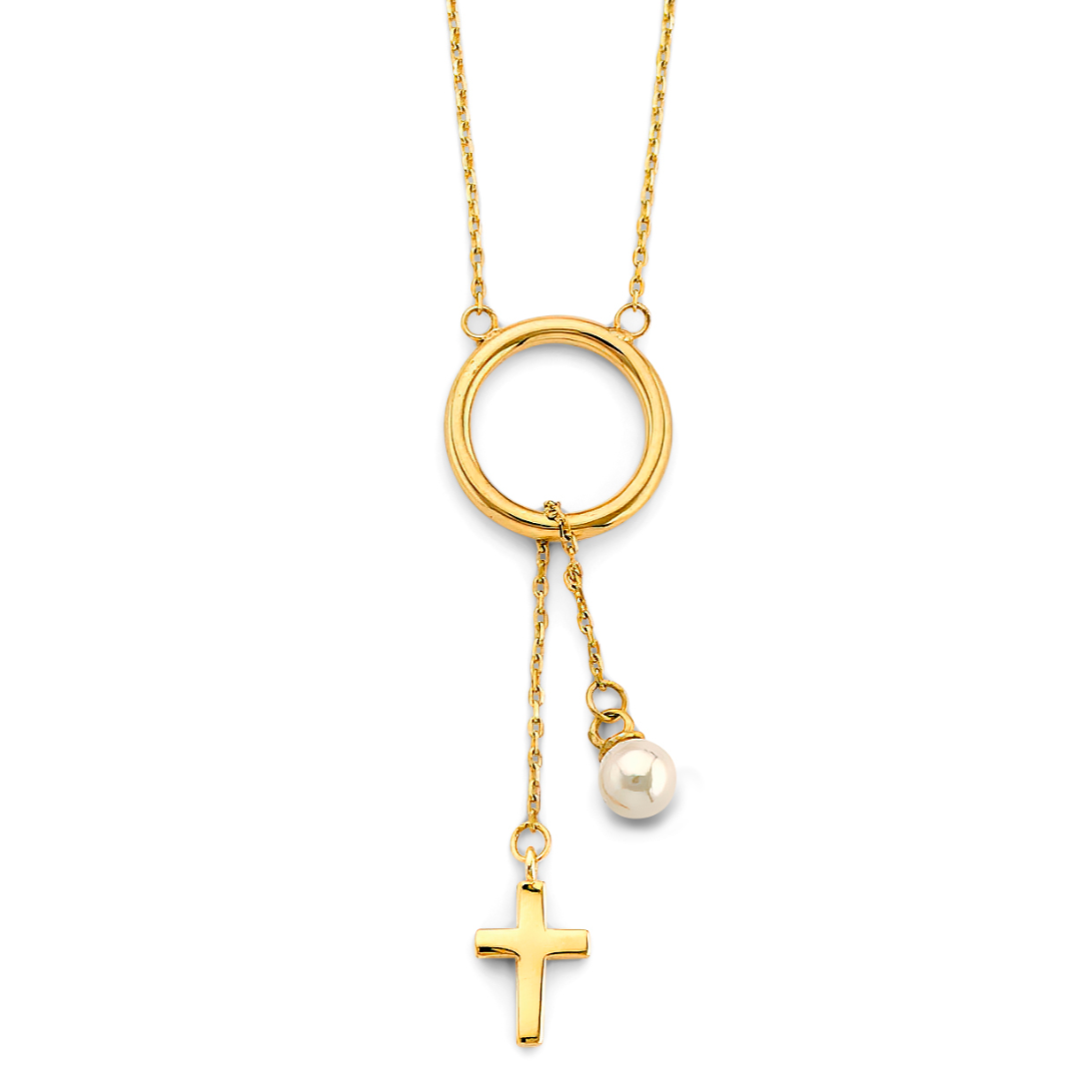 14KY Circle Necklace with Hanging Cross & Pearl