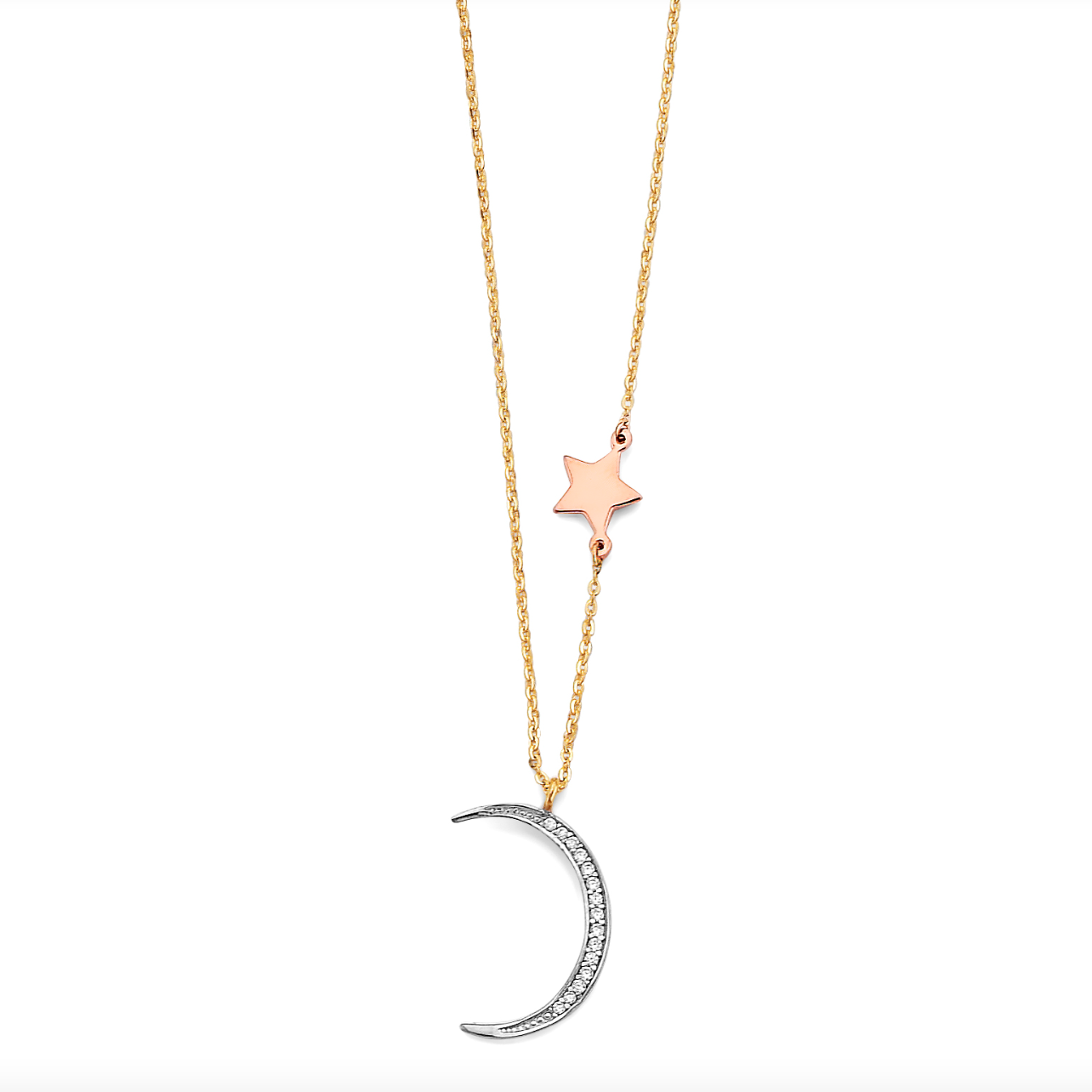 14K 3C CZ Moon and Star Necklace